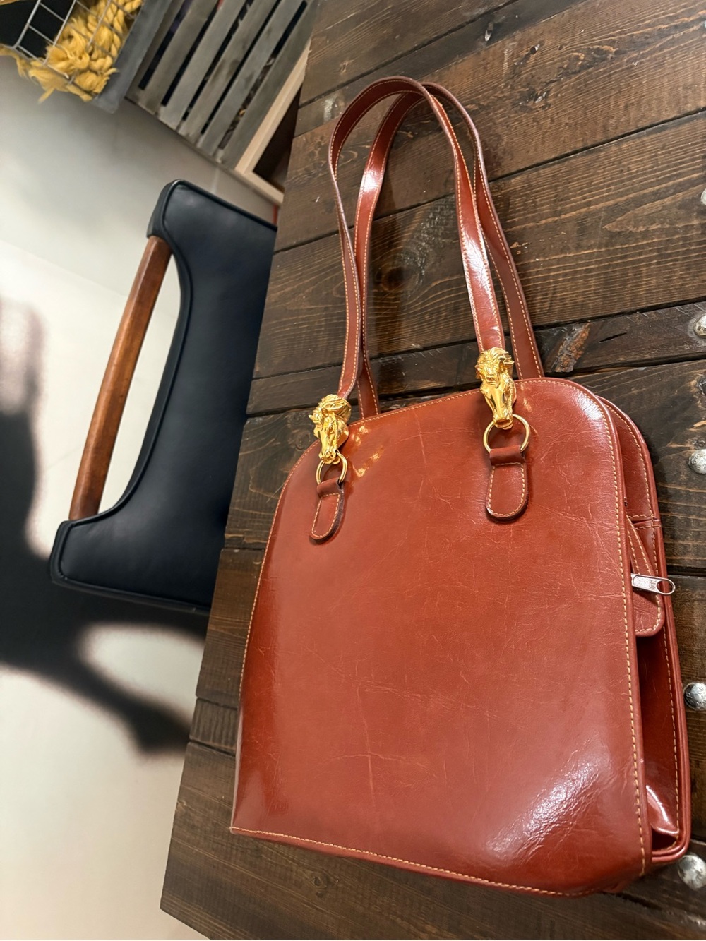 Vintage SASHA 1996 Brown Leather Tote Bag with Gold Equestrian Accent Hardware
